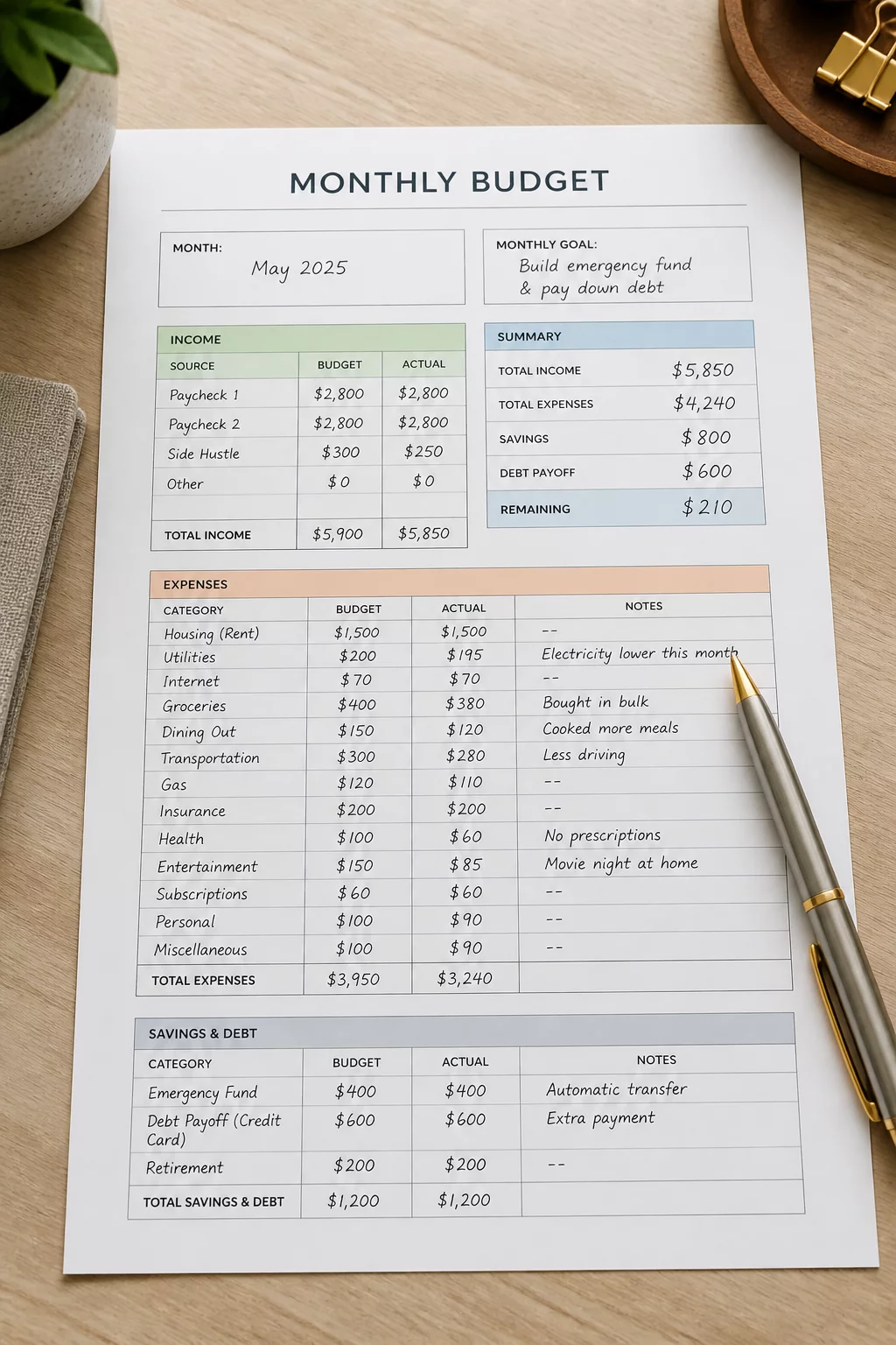 Monthly Budget Worksheet